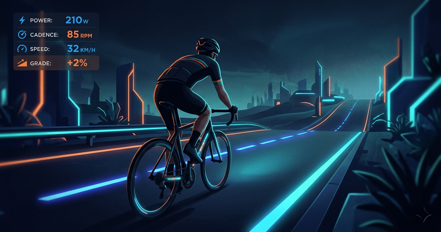Zwift RoboPacer riding through a virtual landscape