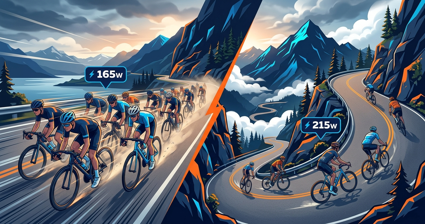 Zwift riders contrasting flat bunch riding versus steep climbing