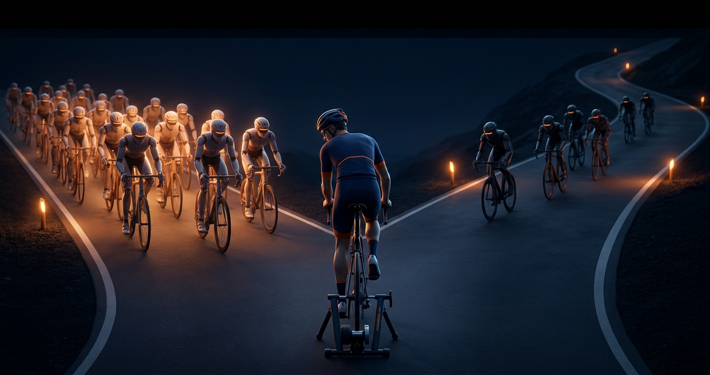 A Zwift rider caught between Coco and Yumi RoboPacers